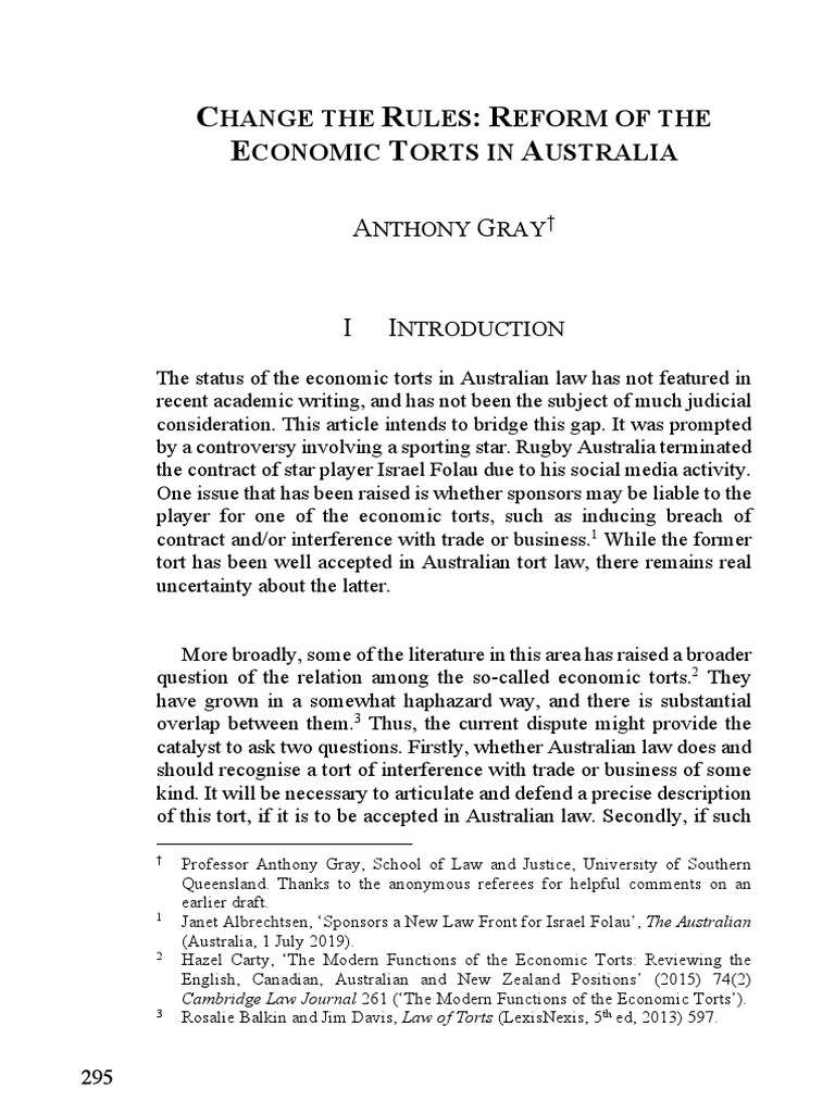 Explanation of Economic Torts in UK & Australia PDF Tort Tortious