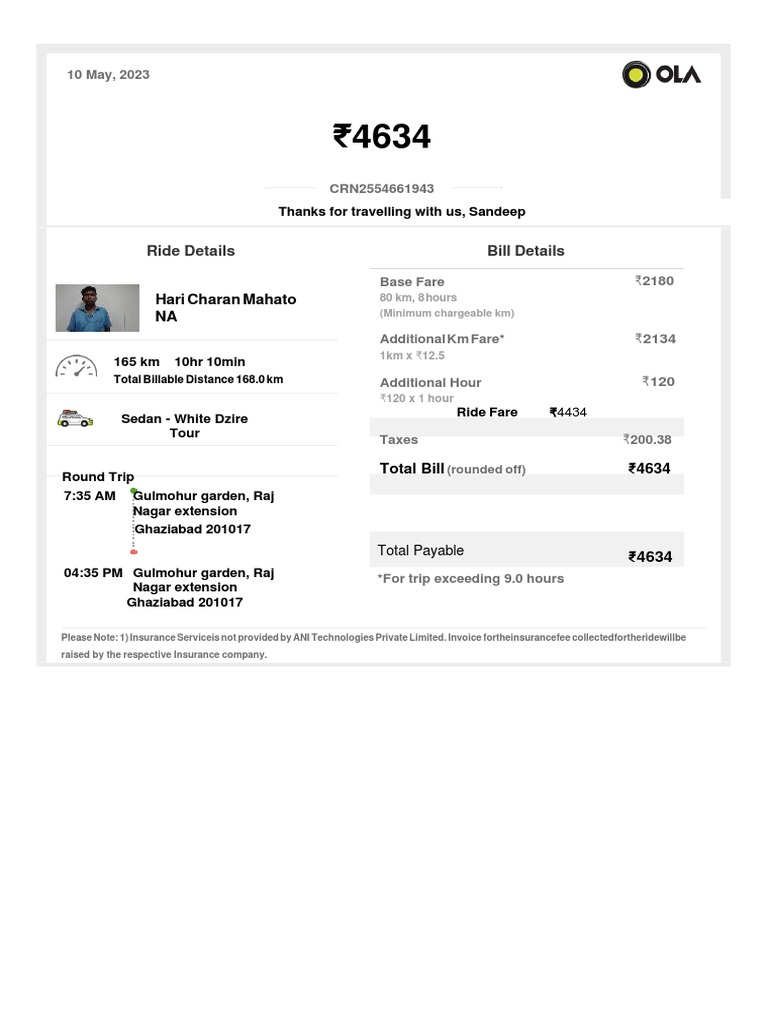 Ola Outstation Ride Invoice Details | PDF
