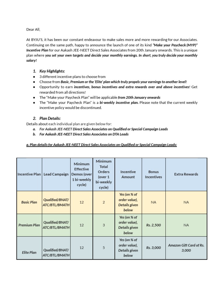 Make Your Paycheck Incentive Plan Policy Document For Aakash JEENEET