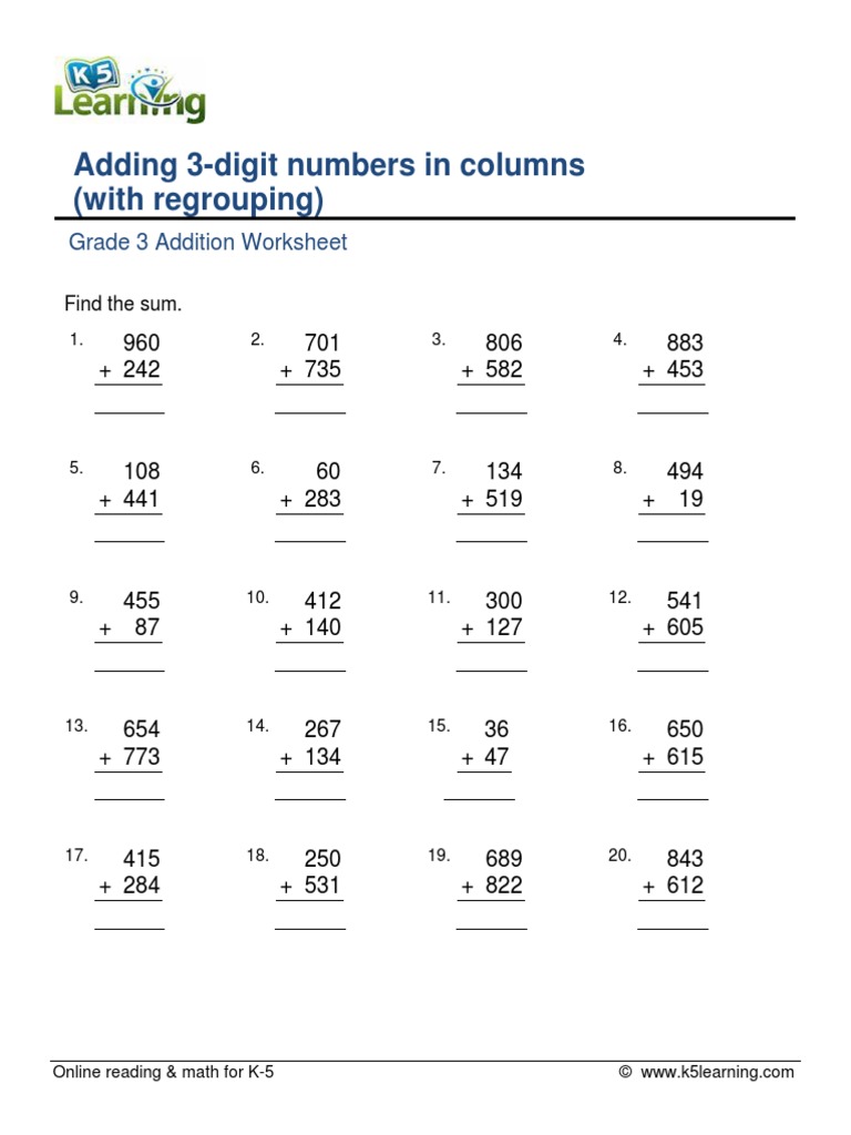 Grade 3 Add 3 Digit Numbers in Columns With Regrouping D | PDF