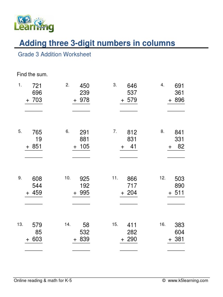 Grade 3 add 3 3 digit numbers in columns f pdf