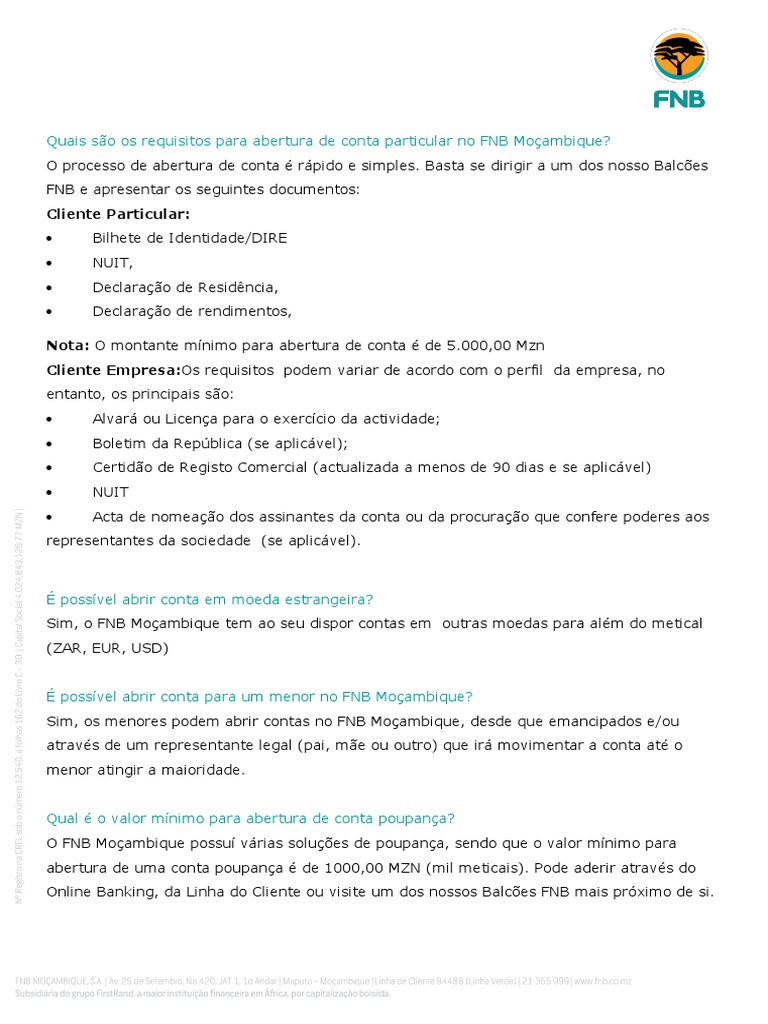 Quais s o os requisitos para abertura de conta particular no fnb