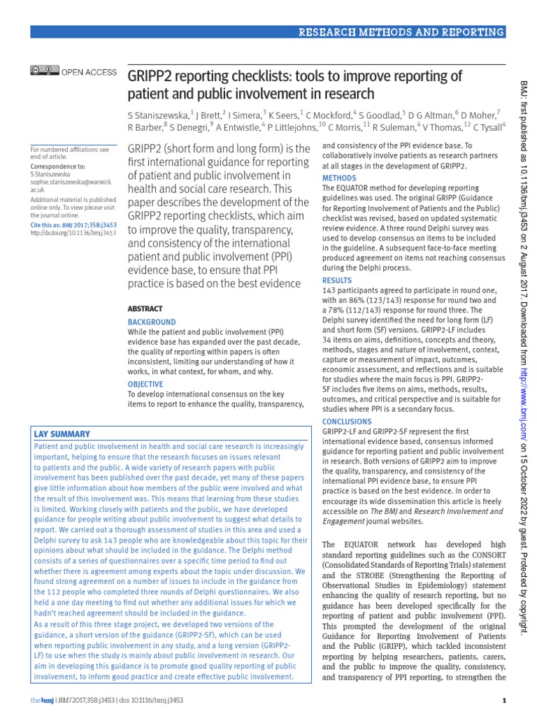 GRIPP2 Reporting Checklists | PDF | Evidence Based Medicine ...