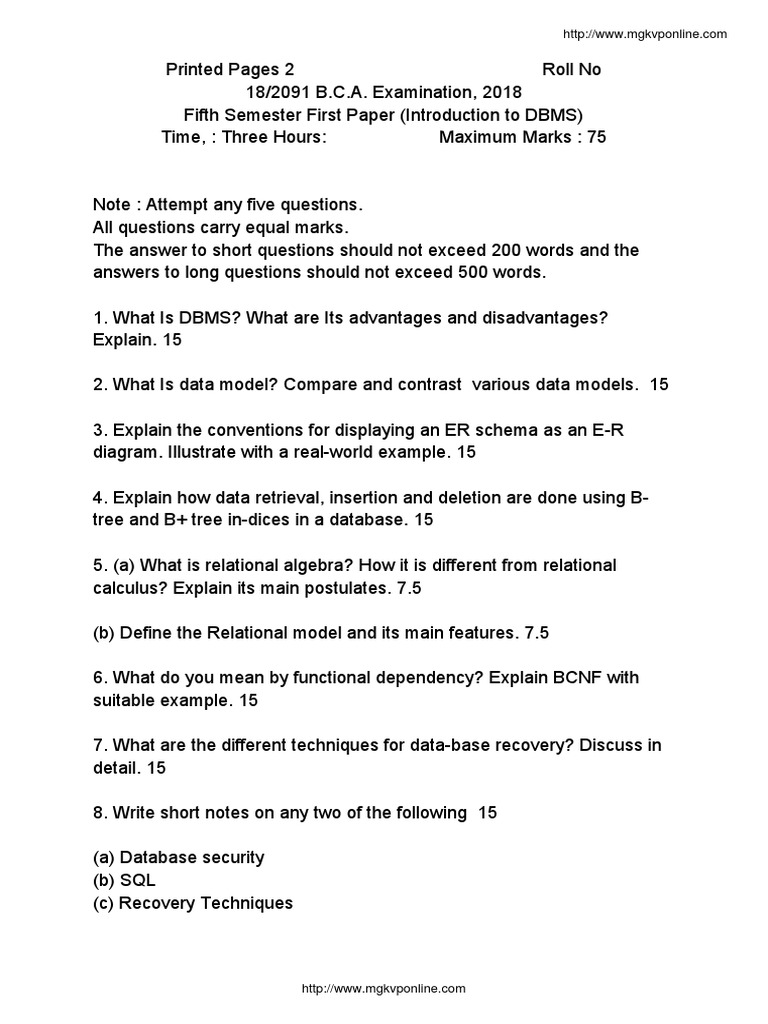 BCA 5th Sem DBMS Exam Questions | PDF | Teaching Methods & Materials ...