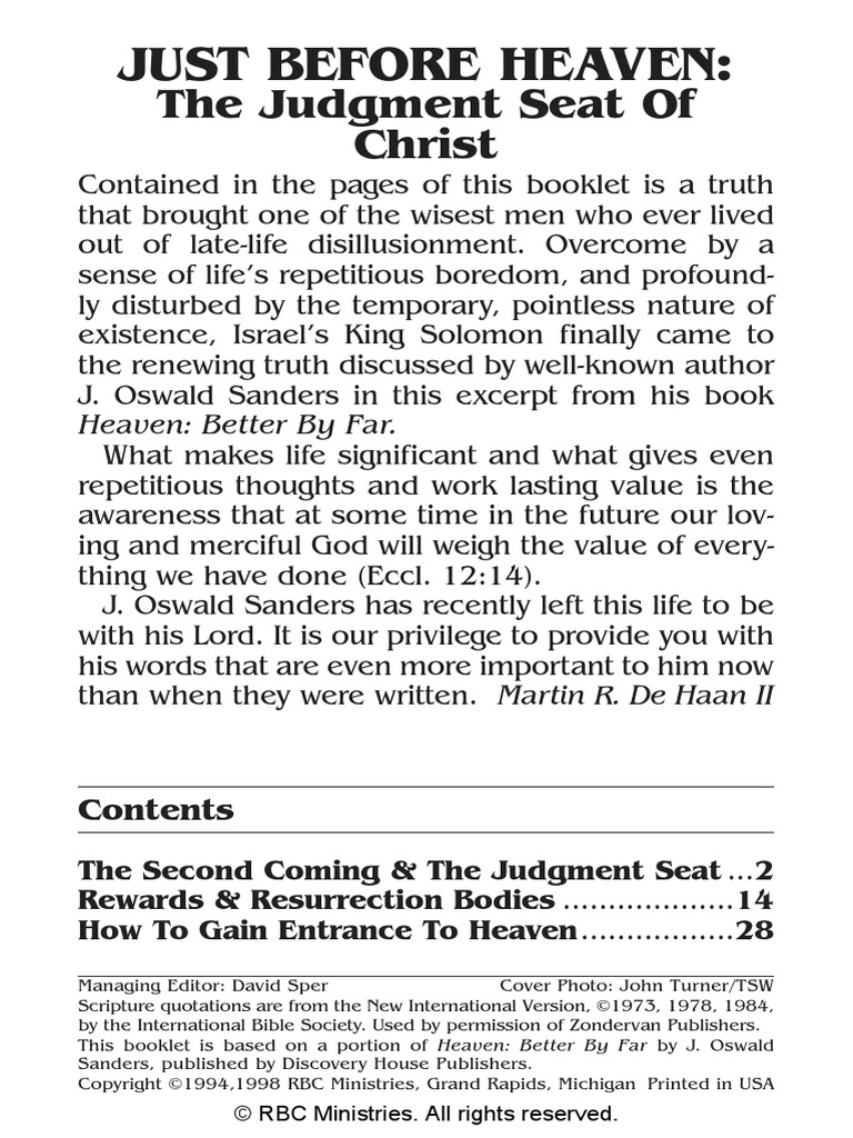 Just Before Heaven The Judgment Seat Of Christ Pdf Last Judgment