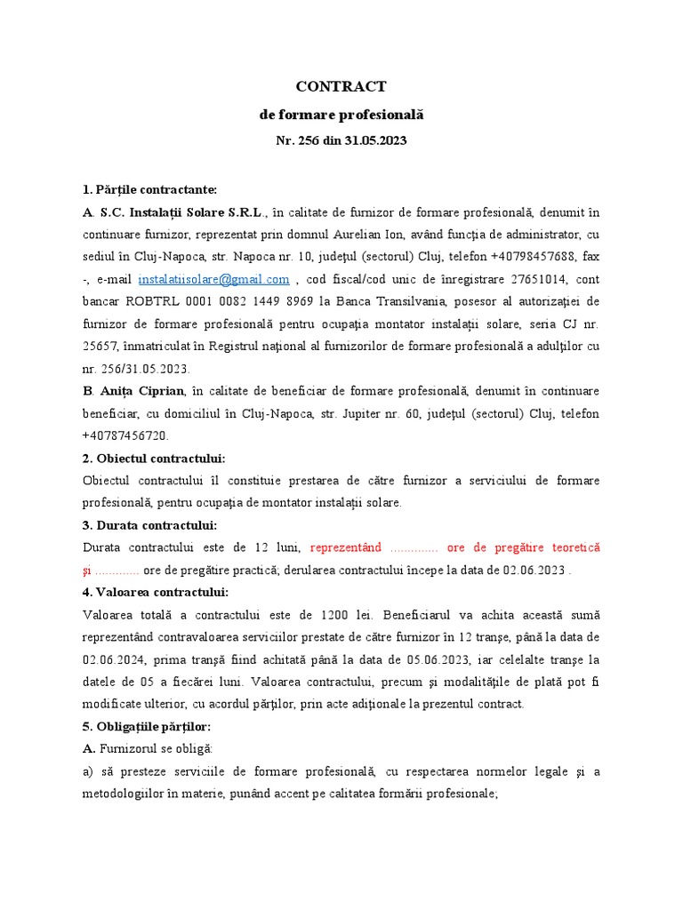 Contract de Formare Profesională - UCENICI | PDF
