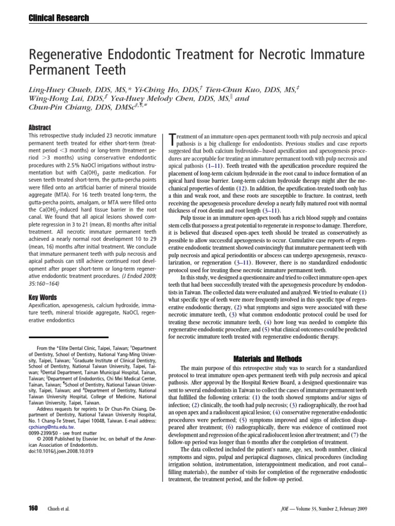 Regenerative Endodontic Treatment For Necrotic Immature Permanent Teeth