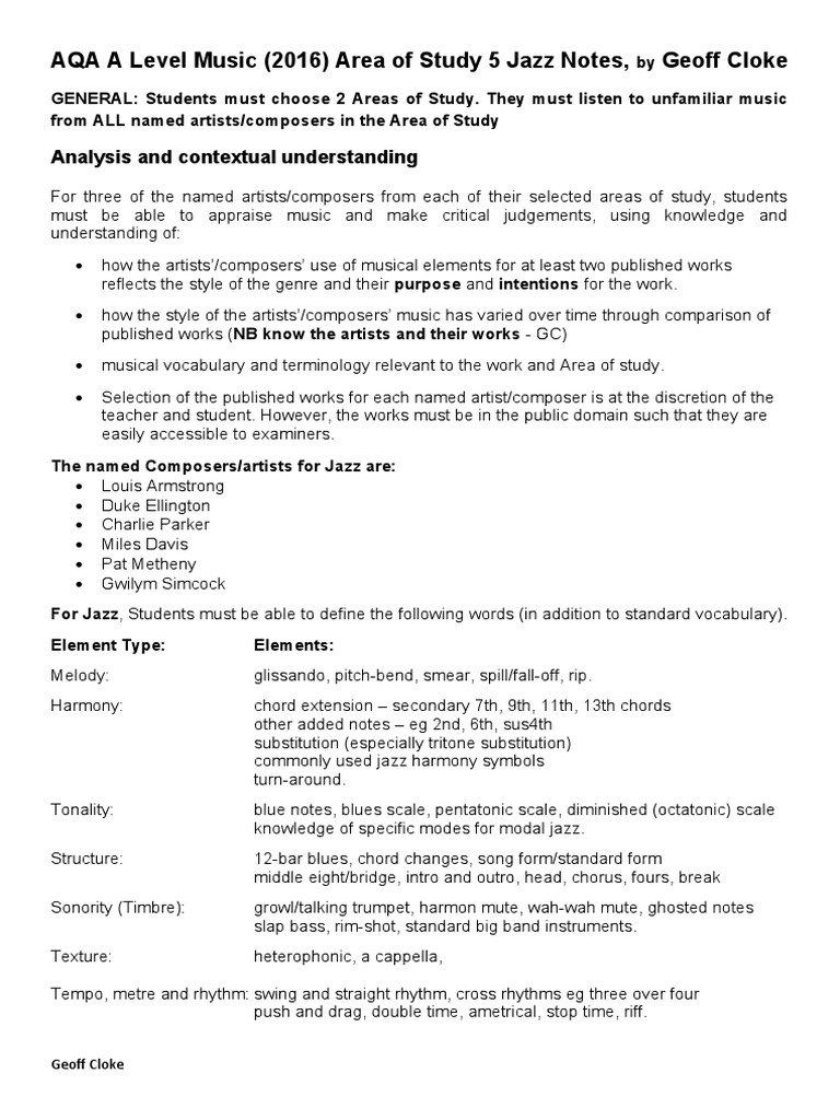 Area of Study 5 Jazz Study Notes - Styles and People | PDF | Jazz | Blues