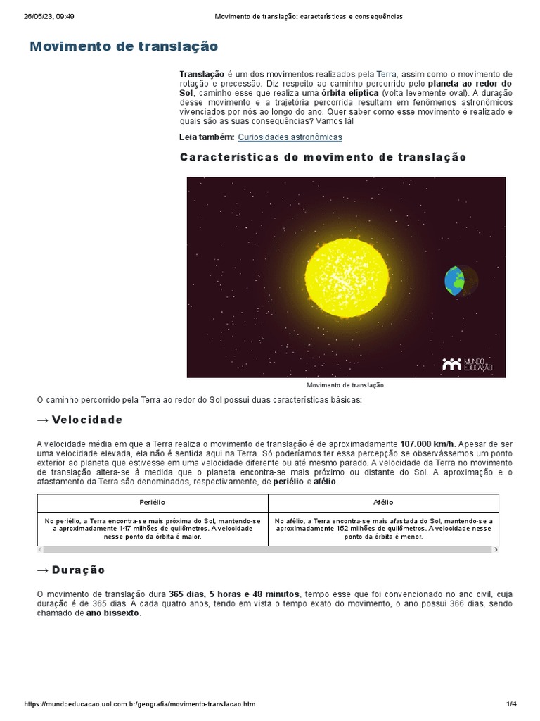 Movimento de Translação - Características e Consequências | PDF | Terra ...