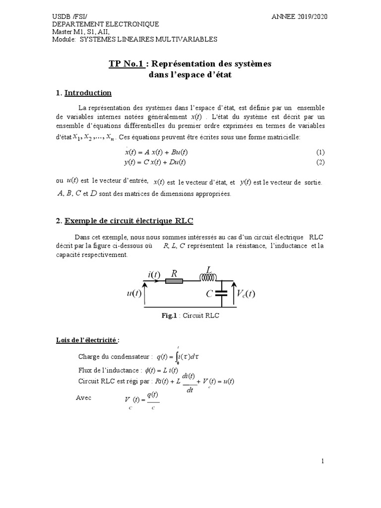 Modélisation d'un circuit RLC en état | PDF | Matrice (Mathématiques ...