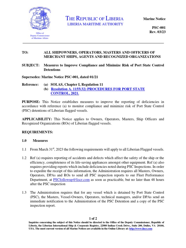 PSC-001 Compliance Measures for Vessels | PDF | Law