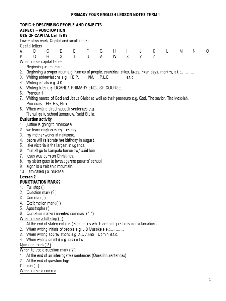 Primary 4 English Lesson Notes Term 1 | PDF | Grammatical Number | Question