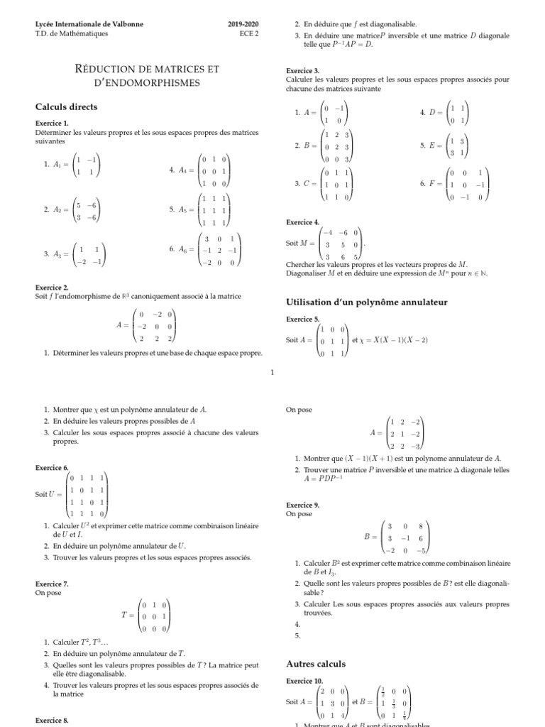 Valeurs Propres et Diagonalisation des Matrices PDF Valeur propre — free download