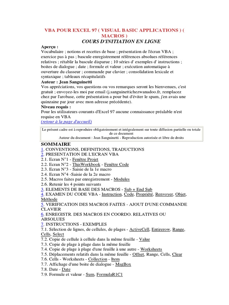 Cours d'initiation VBA pour Excel 97 | PDF | Visual Basic for ...