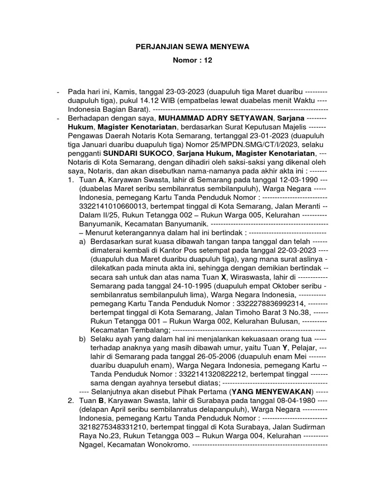 Akta Perjanjian Sewa Menyewa Tanah | PDF