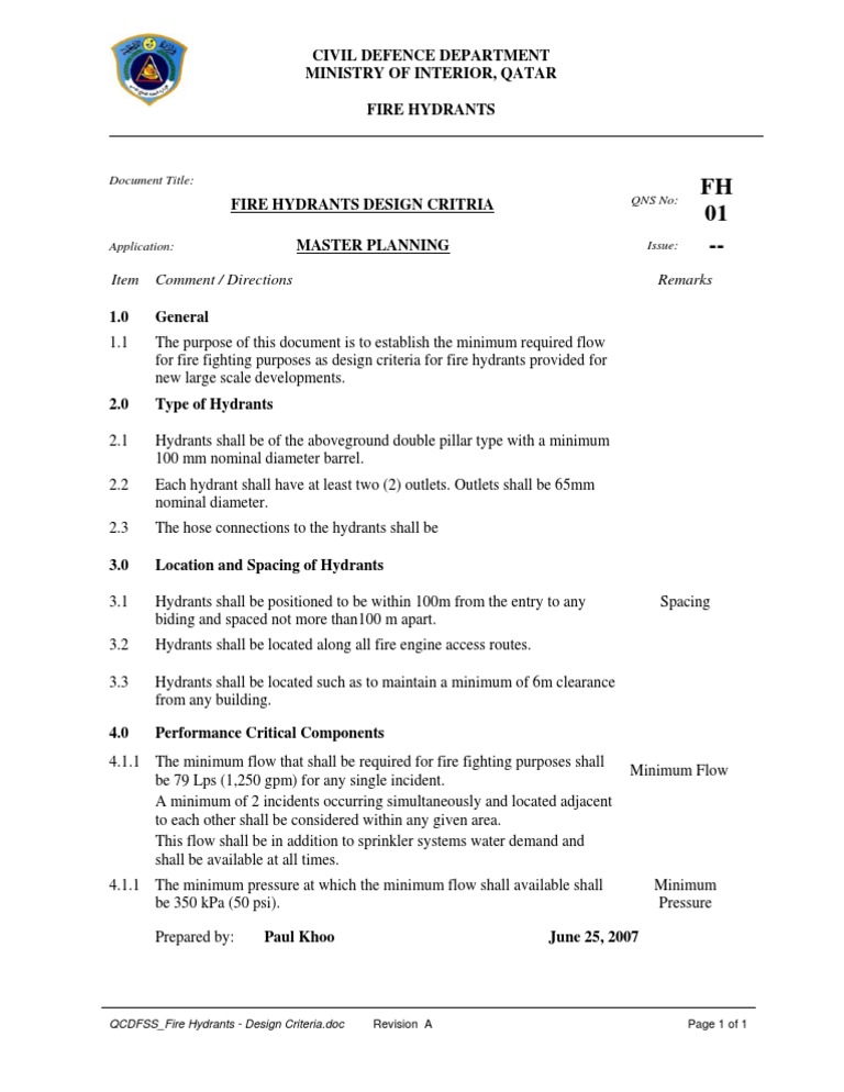 QCDFSS - Fire Hydrants - Design Criteria | PDF