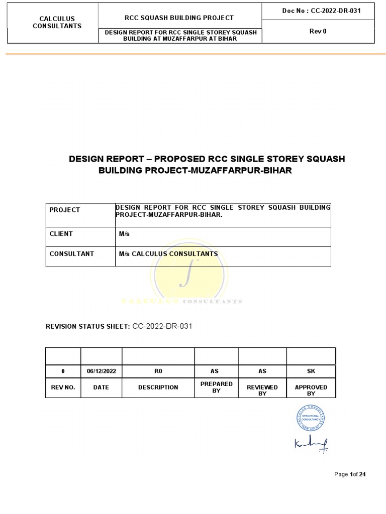RCC Squash Building Design Report Bihar | PDF | Concrete | Beam (Structure)