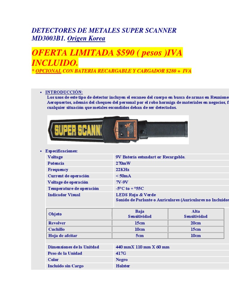 Detector De Metales Portátil MD3003B1 – Vibración Y Sonido, Para Seguridad En Aeropuertos, Exámenes, Etc.