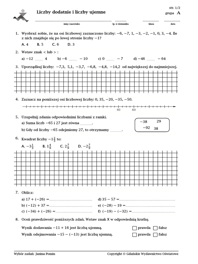 Sprawdzian Matematyka Klasa 6 Liczby Dodatnie I Ujemne 2020-04-08 - Klasa VIe - Sprawdzian - Liczby Dodatnie I Ujemne | PDF