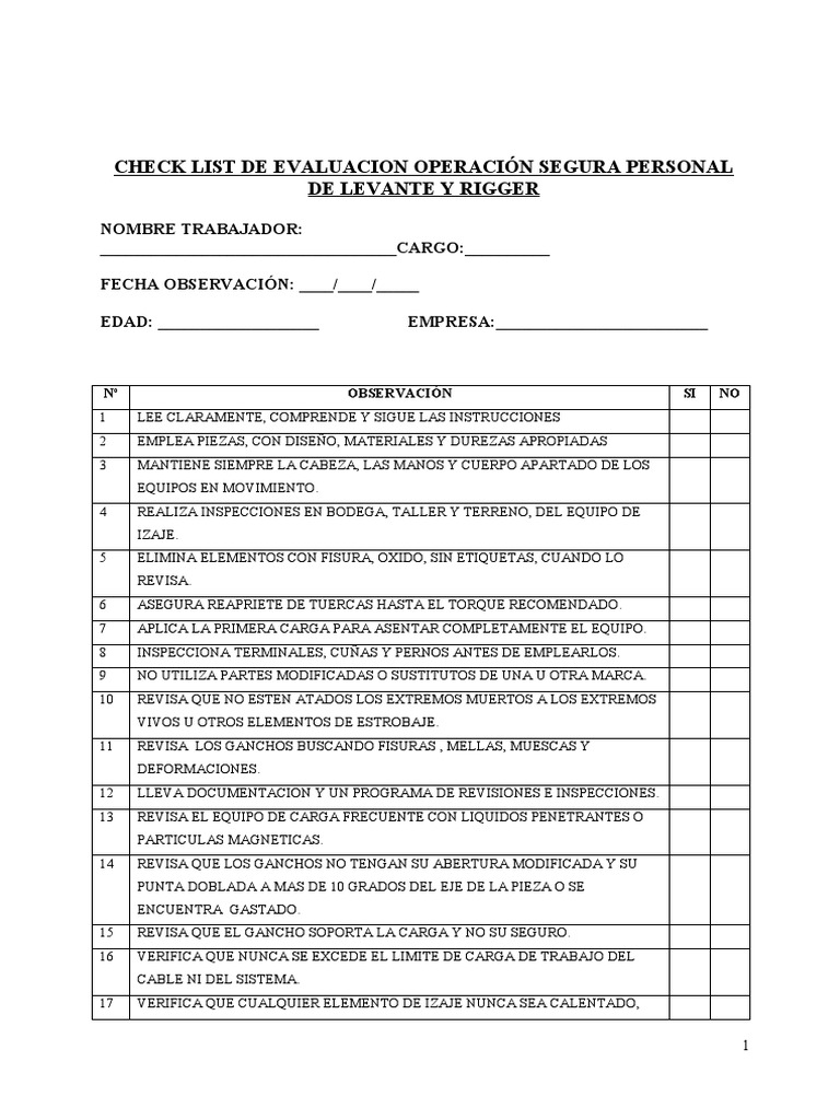 Check List Operación Segura Personal de Levante y Rigger | PDF