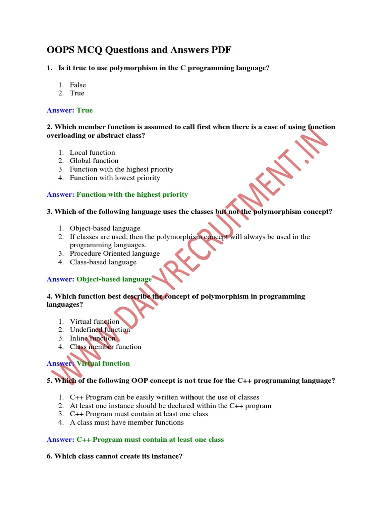 Oops MCQ | PDF | Method (Computer Programming) | Class (Computer ...