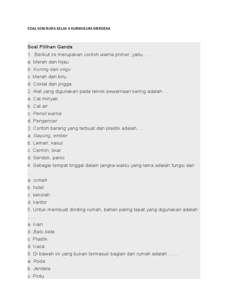 Soal Seni Rupa Kelas 4 Kurikulum Merdeka Pdf