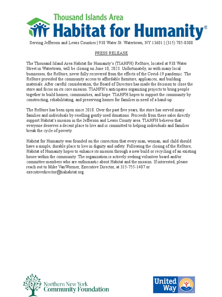 Habitat For Humanity ReStore Closing June 10 PDF