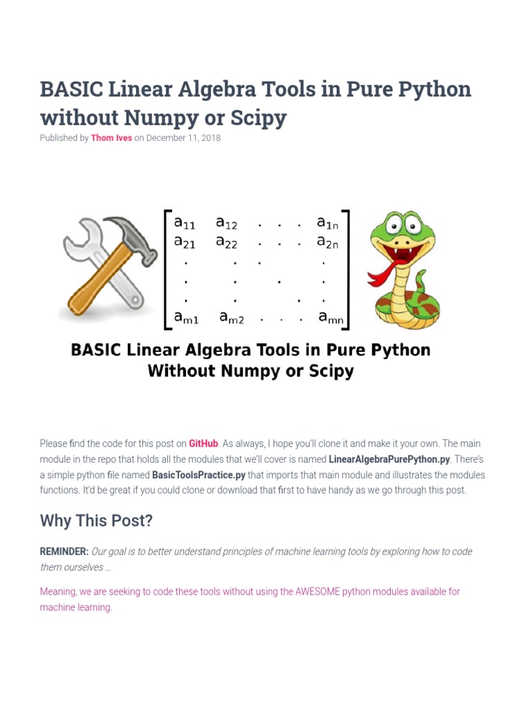 BASIC Linear Algebra Tools in Pure Python 1658615784 | PDF | Matrix ...