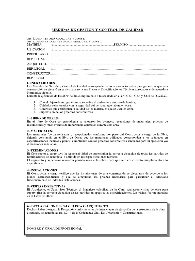 Medidas de Gestion y Control de Calidad | Descargar gratis PDF | Arquitecto