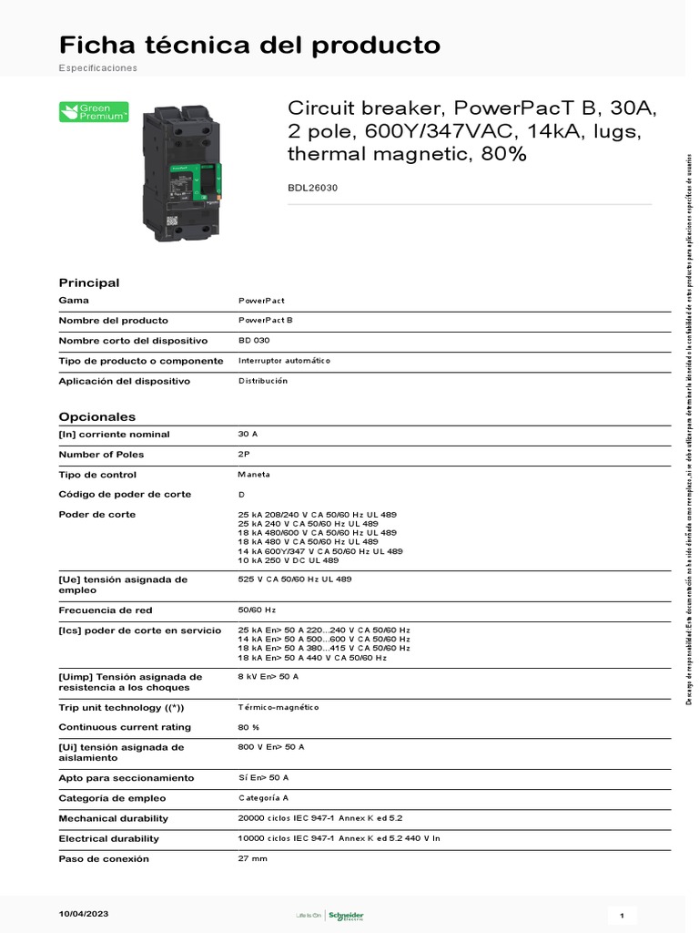 Interruptores PowerPact B BDL26030 PDF Residuos Materiales