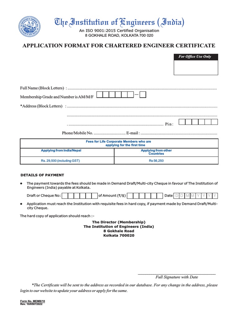 Application Format Chartered Engineer Certificate Fresh | PDF