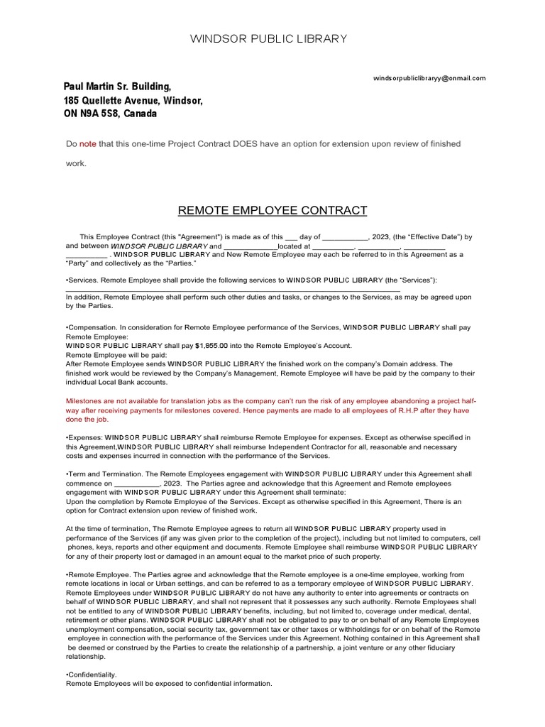 Windsor Public Library Remote Contract | PDF | Employment | Legal Remedy