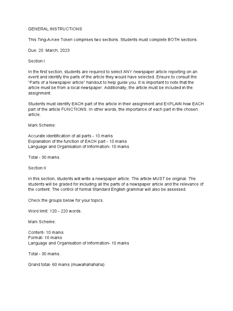 Newspaper Article Assignment PDF