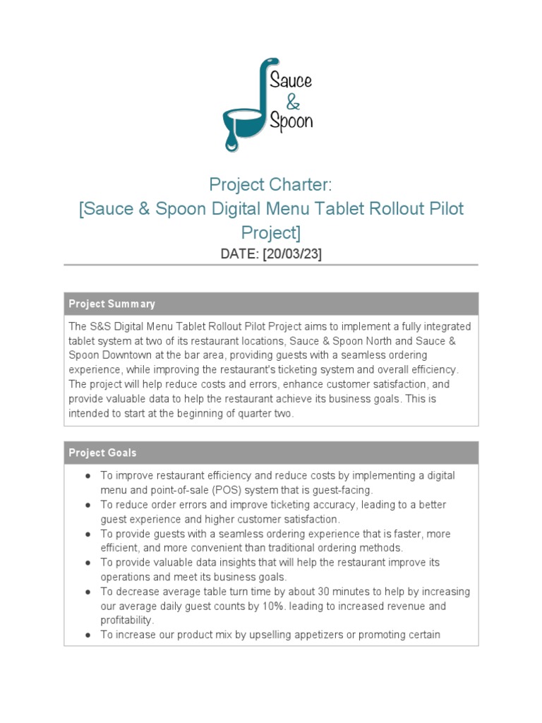 Sauce & Spoon Digital Menu Tablet Rollout Pilot ProjectProjectCharter