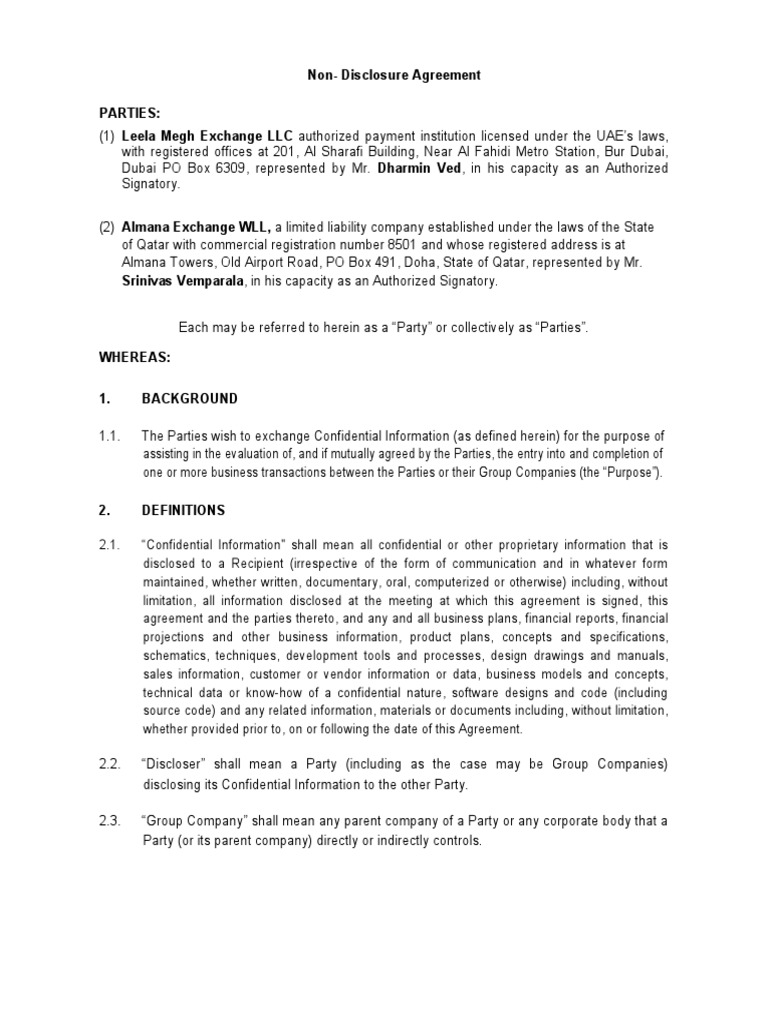 Exchange NDA 2017 PDF Confidentiality Intellectual Property