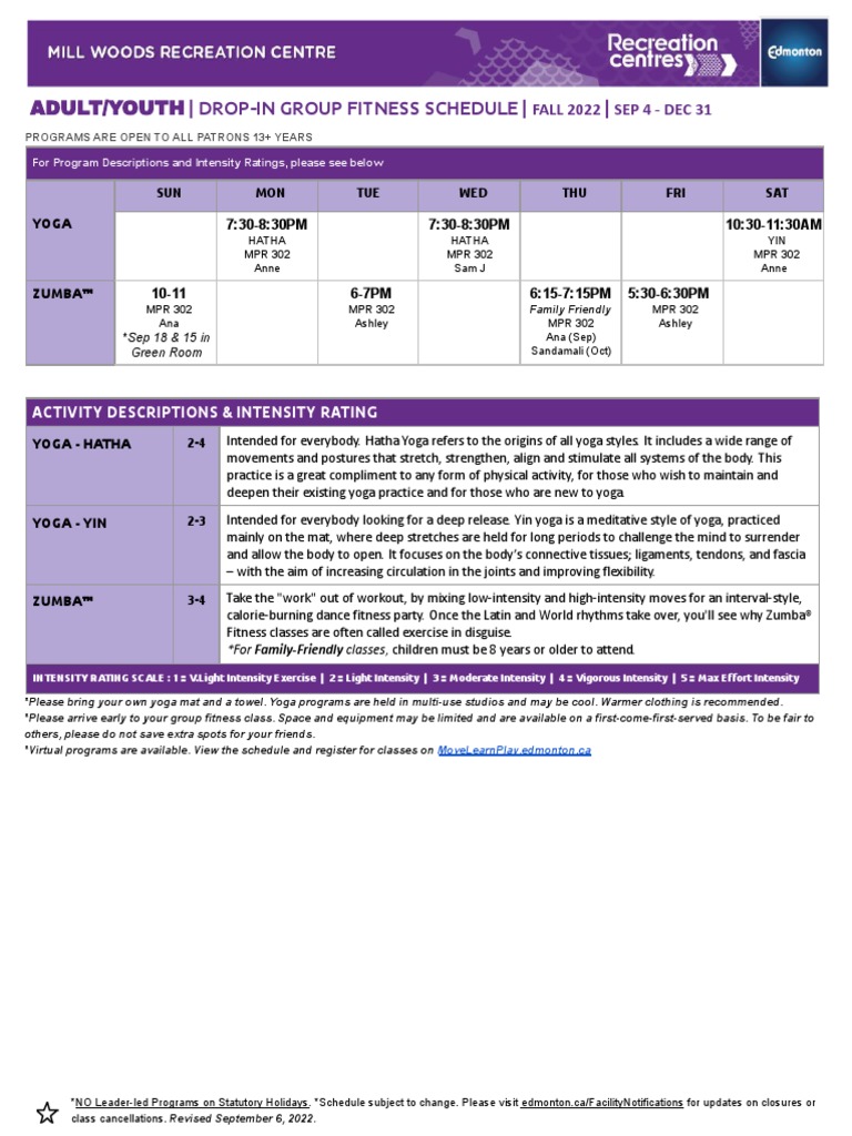 Mill Woods - Drop-In Group Fitness Schedule (Adult Youth) | PDF | Hatha ...
