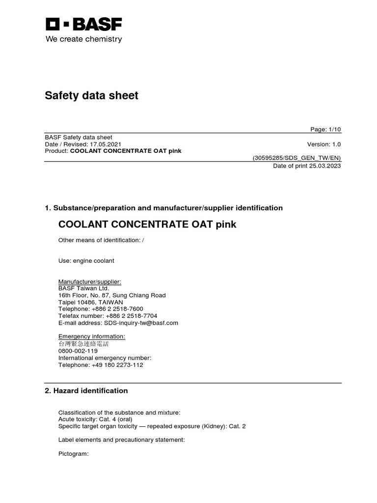 Coolant+Concentrate+Oat+Pk+Bpf 000000000030595285 Sds Gen TW en 10