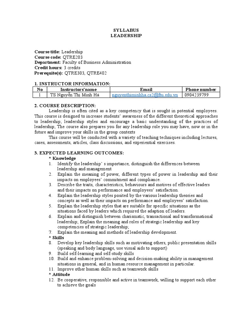 Leadership Course Syllabus QTRE203 | PDF | Lecture | Leadership
