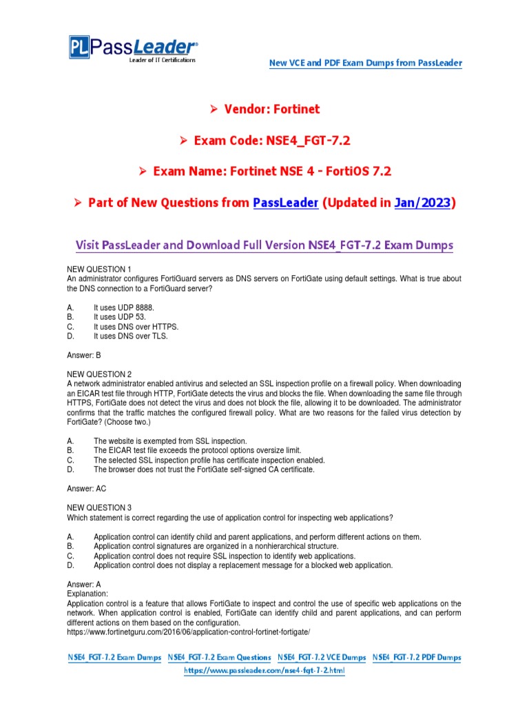 Jan-2023) New PassLeader NSE4 - FGT-7.2 Exam Dumps | PDF