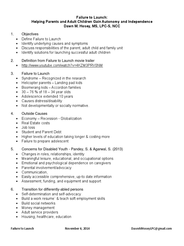 Failure To Launch Resources Handout 1162014 | PDF | Adolescence | Parenting
