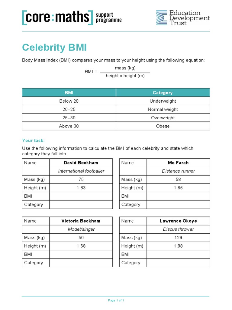Celebrity BMI Calculations and Categories | PDF