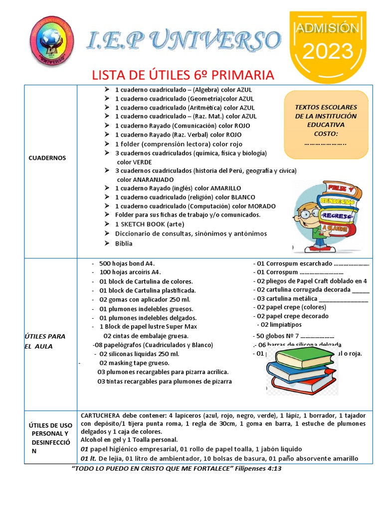 LISTA DE ÚTILES DE 6TO GRADO | PDF | Color | Arco iris