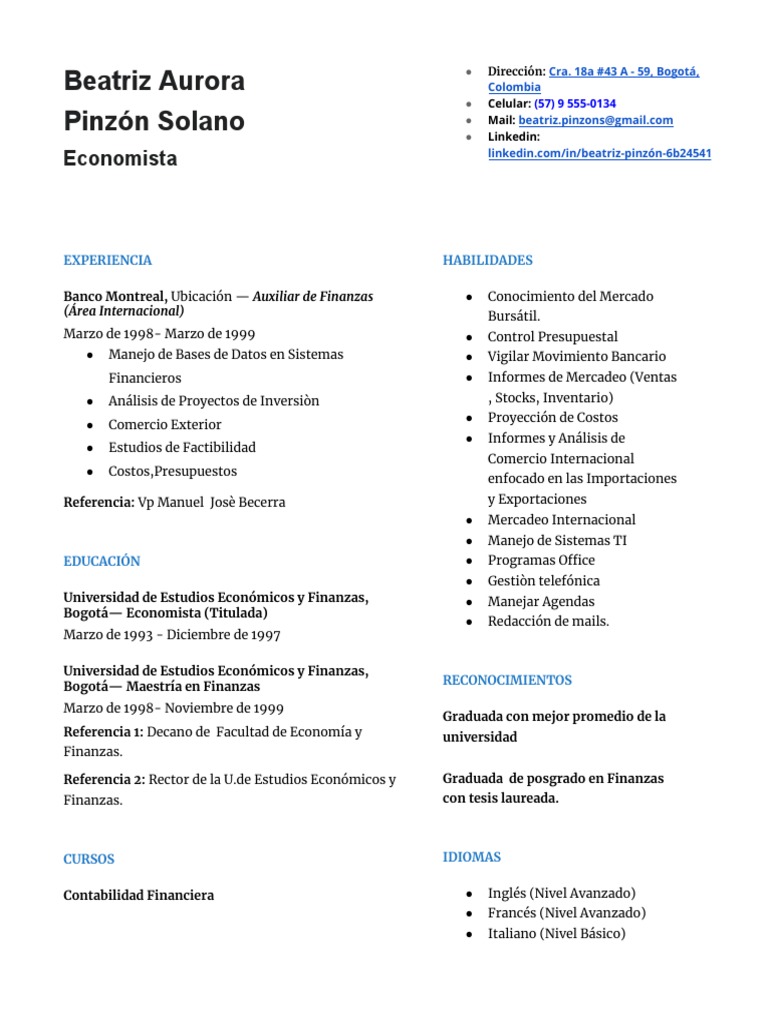CV Beatriz Pinzon Formato | PDF | Business | Dinero