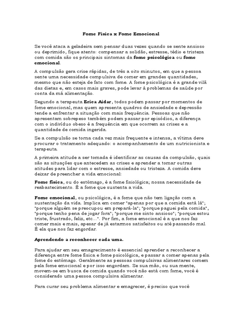 Fome Fisica X Fome Emocional | PDF | Ansiedade | Fome