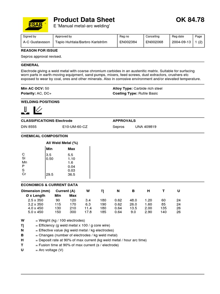 Product Data Sheet OK 84.78 E 'Manual MetalArc Welding' PDF