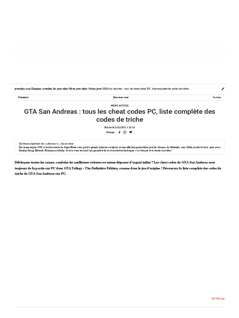 Codes de triche GTA San Andreas PC | PDF