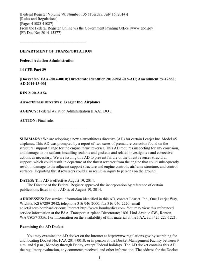 Learjet 45 Airworthiness Directive 2014 | PDF | Federal Aviation ...