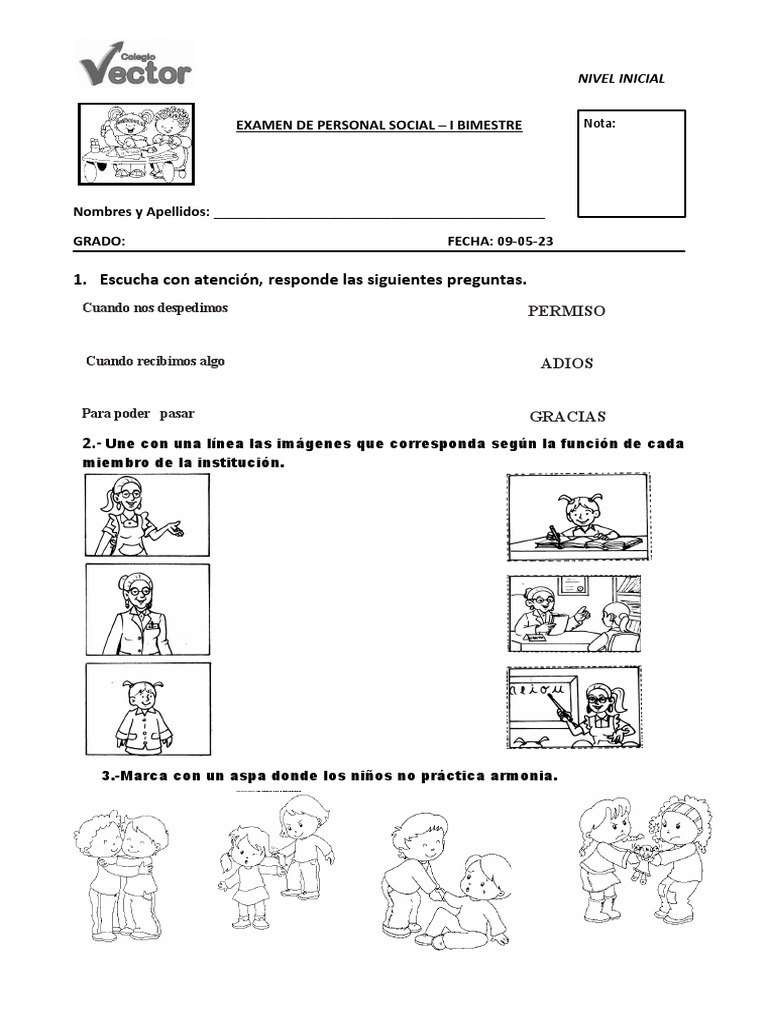 Examen de Personal Social - Nivel Inicial | PDF | Artes del Lenguaje y ...