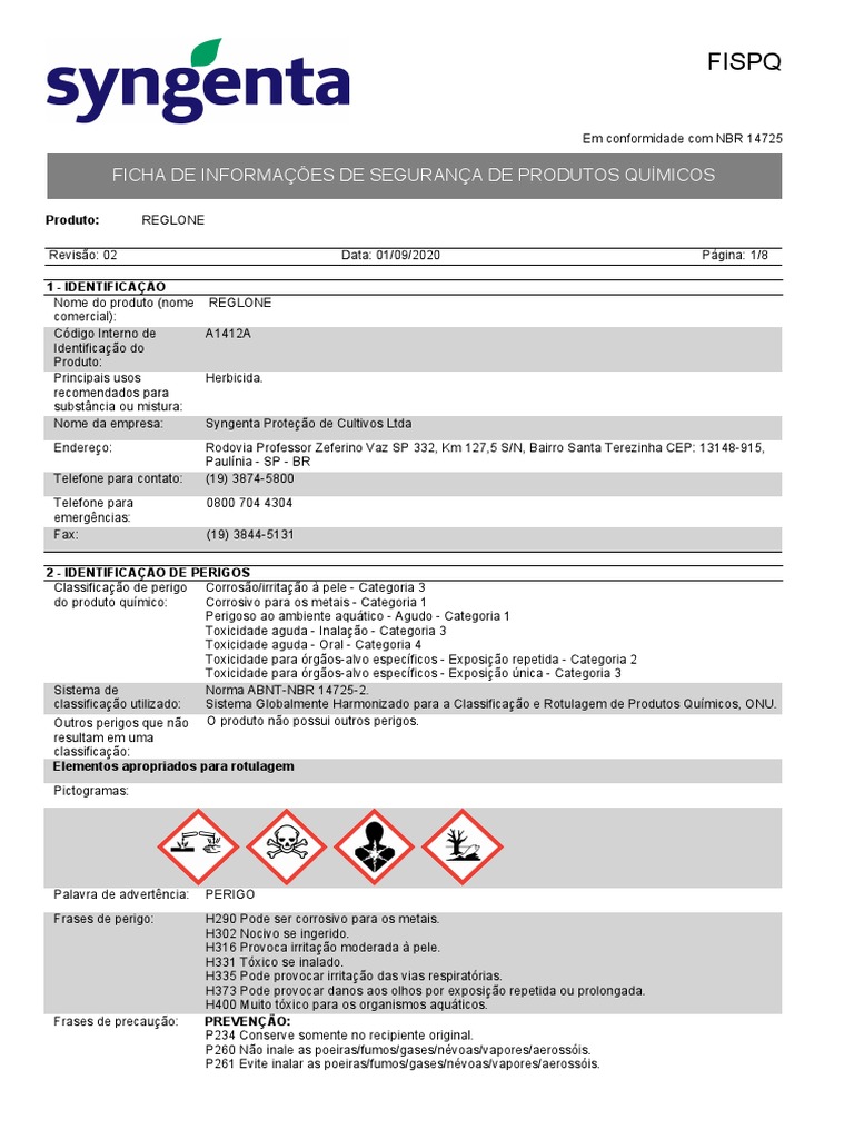 FISPQ Herbicida Reglone - A1412a | PDF | Embalagem e rotulagem | Química