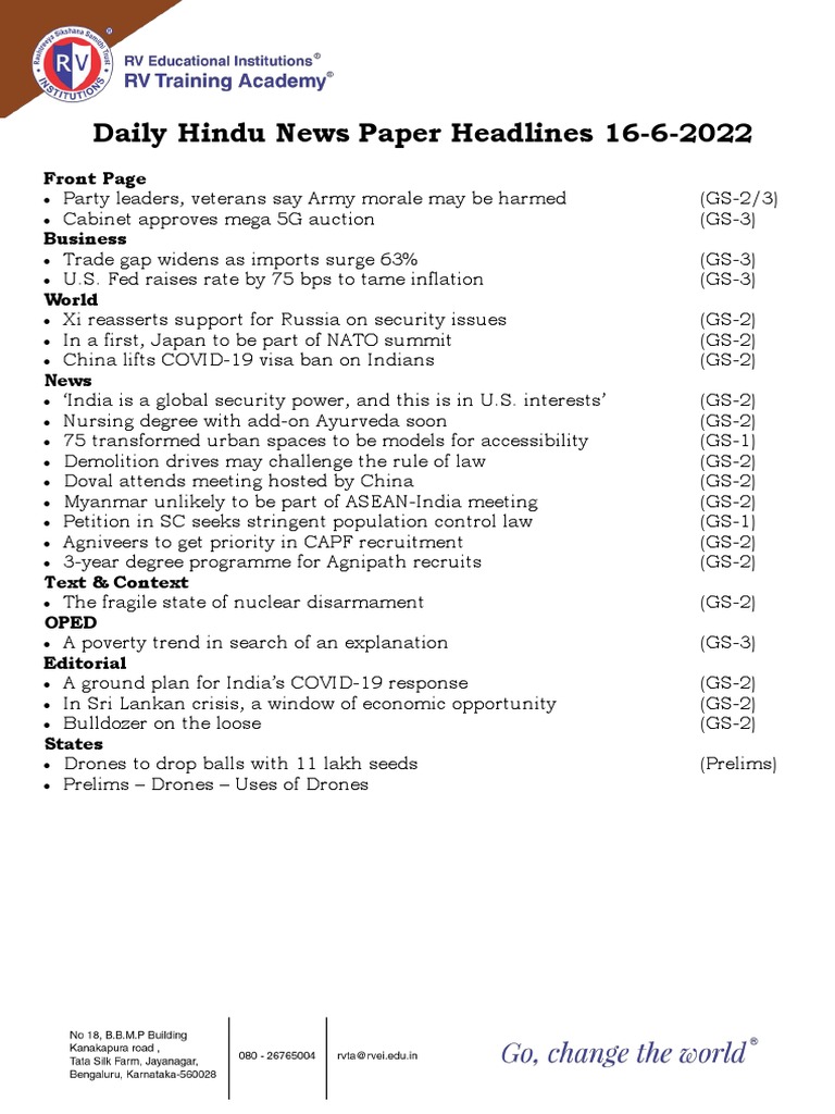 Daily Hindu News Paper Headlines 16 6 2022 Pdf